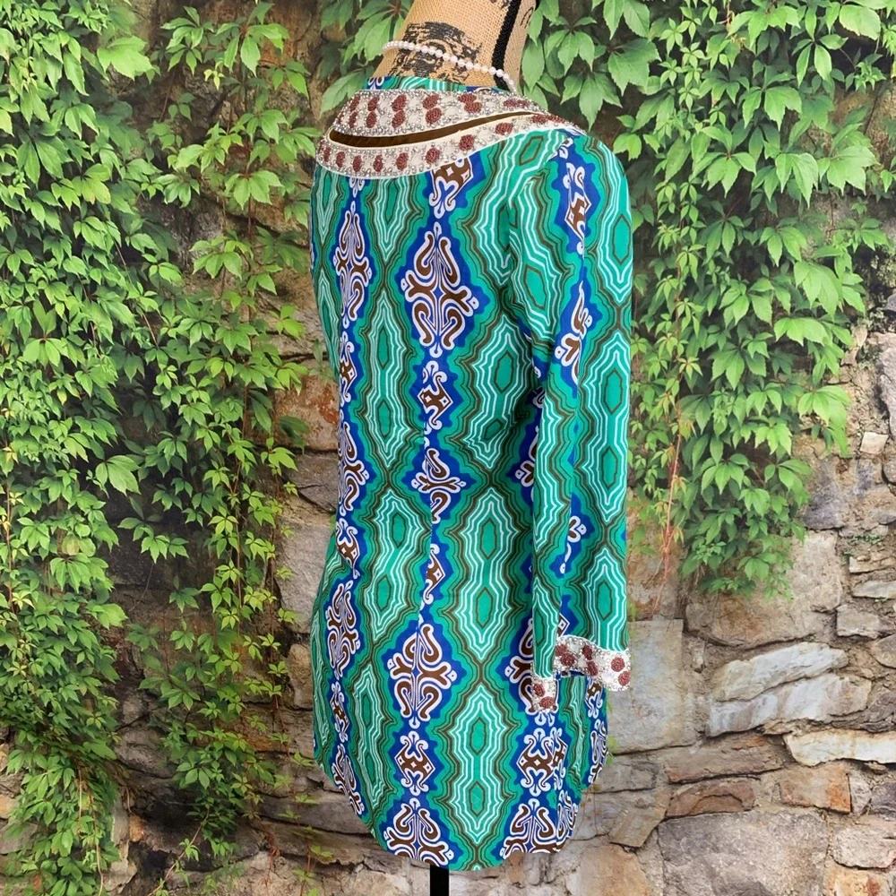 TORY BURCH Mosaic Multicolor Green Moroccan Resortwear Jeweled Tunic, 2